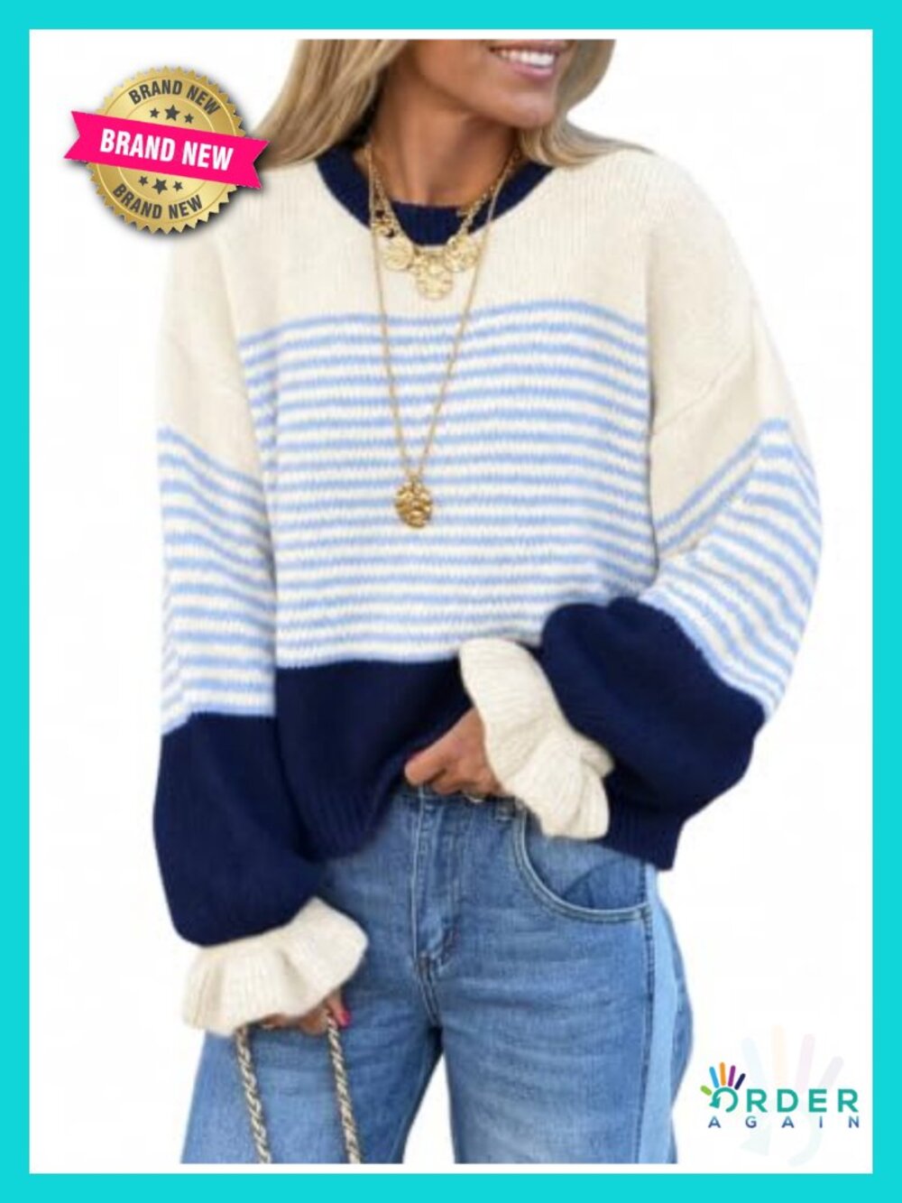 Striped Ruffle Sleeve Pullover Sweater Slouchy Color Block Knit
